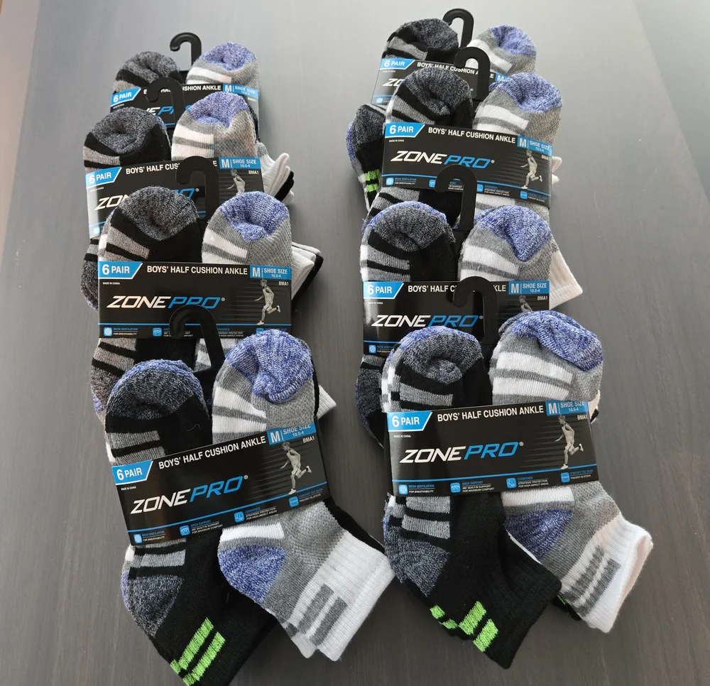 Zone Pro Boys Half‑Cushion Ankle Socks – Ten 6‑Packs, Size 10.5–4, NWT